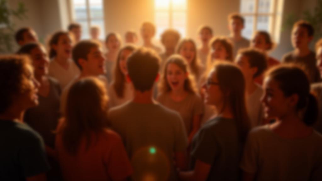 Diverse group of people singing together in a bright room